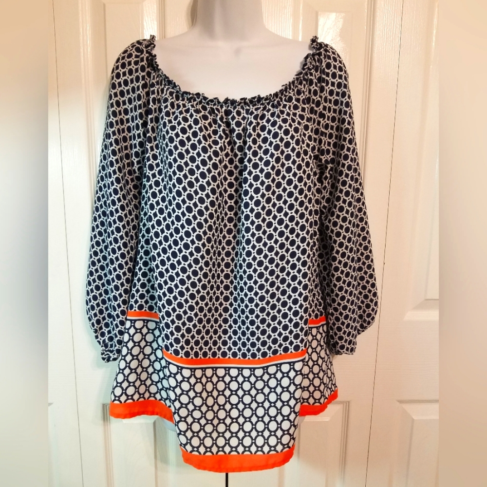 Tacera Women's Black and White Patterned Top with Orange Accents